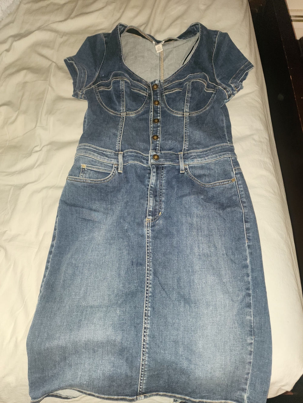 Denim Button-Front Midi Dress in Medium Blue